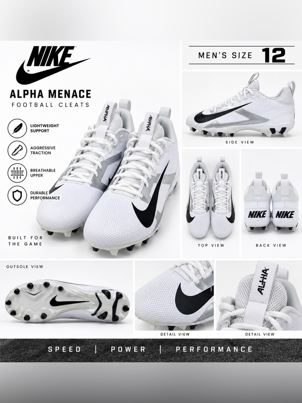 Nike Alpha Menace 4 Shark Football Cleats White Silver Men’s 12 NWOT -FN0028-100